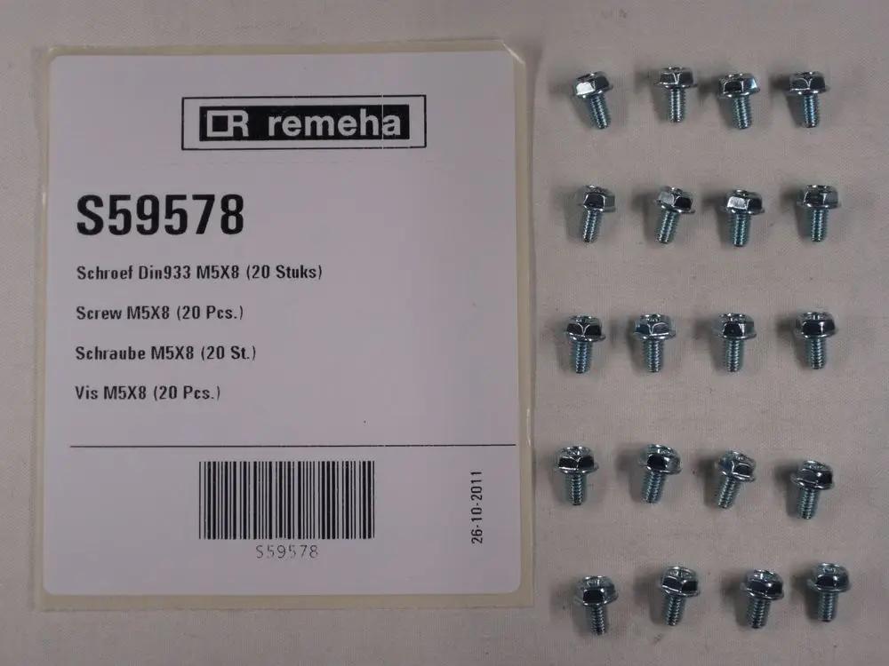 Remeha Schrauben in einer Packung, 20 Stück, in metallischer Ausführung auf einem neutralen Hintergrund angeordnet.